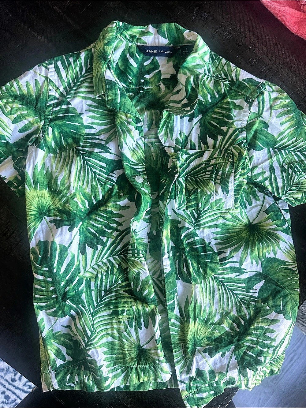 Janie and Jack Green Tropical Leaf Button Down Shirt Size 4